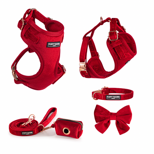 Luxury Velvet Collection- Dog Harness, Collar, Bow Tie, Leash and Poop Bag Holder